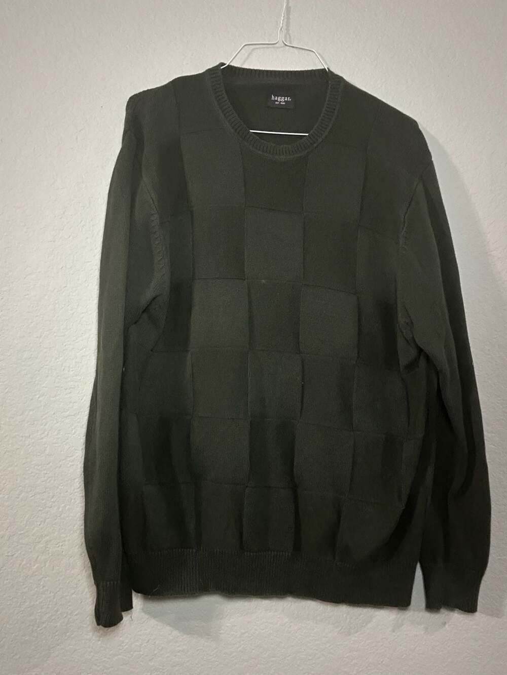 Haggar Men's Green Checkered Crew Neck Long Sleeve Knit Sweater